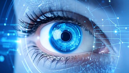 A futuristic, robotic eye in an extreme close-up macro shot, featuring a glowing blue lens and digital interface for advanced vision technology.