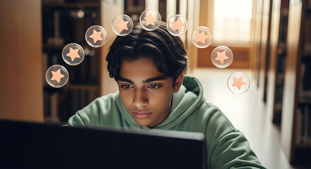 Young person focused on computer screen with glowing digital icons floating above their head representing online engagement and learning