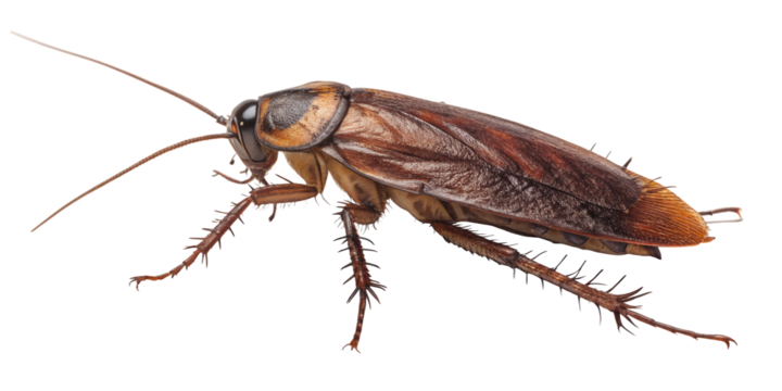 Detailed Cockroach: A detailed photographic capture reveals the intricate details of a cockroach, showcasing its segmented body, antennae, and resilient exoskeleton against a simple backdrop.
