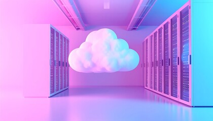 Colorful cloud over server racks in a data center.