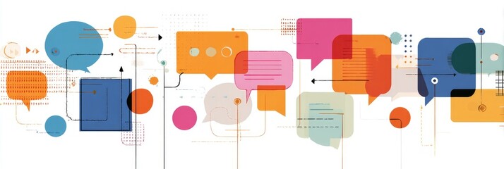 Abstract graphic of interconnected communication bubbles.  Colorful shapes and lines depict a network of conversations or ideas flowing