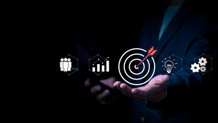 Leadership development planning concept and customer target group concept, the businessman is demonstrating the process of working towards the goal in a concrete form, teamwork