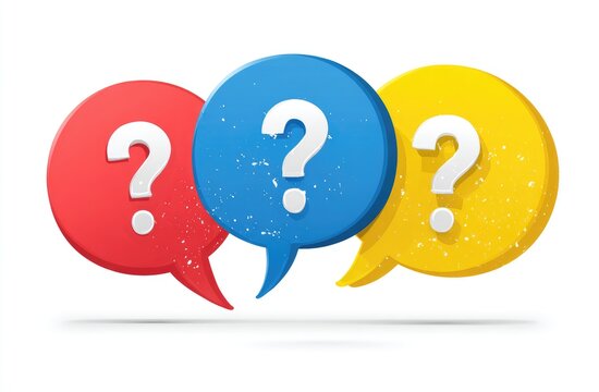 Three colorful speech bubbles with question marks