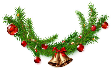 A beautiful Christmas garland composed of lush green pine branches, adorned with vibrant red ornaments and golden bells with elegant bow. With soft shadow, isolated on white background.