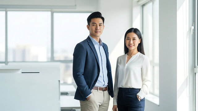 Confident Asian Business Professionals Standing in Modern Office, Teamwork and Success - Powered by Adobe