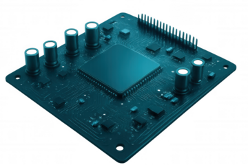 Close-up teal circuit board displaying prominent microchip, surrounding electronic components, metallic connectors against transparent backdrop
