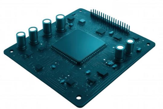 Close-up teal circuit board displaying prominent microchip, surrounding electronic components, metallic connectors against transparent backdrop
