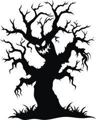 Silhouette of a Spooky Tree with Evil Face and Twisted Branches