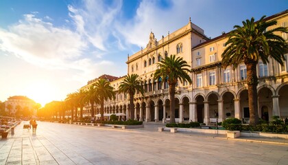 Fototapeta premium Sunlight bathes a historic European city square.