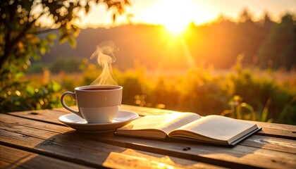 Enjoying Coffee and Reading Book Outdoors at Sunrise