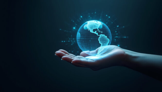 Futuristic Holographic Globe Projection from Human Hand, Symbol of Global Connectivity, Innovation, and High-Tech Communication