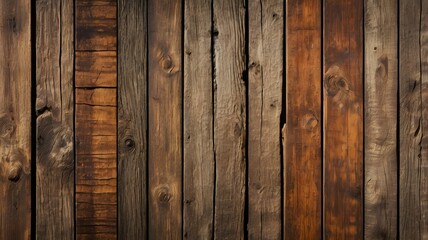 A textured surface of old brown wooden boards arranged vertically. This rustic wood paneling background showcases the natural grain, knots, and weathered details of the timber planks.