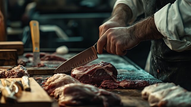 Cutting Fresh Meat with Knife at Butcher Shop Counter