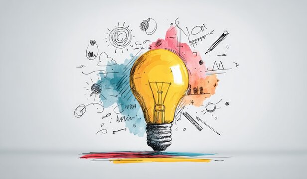A bright yellow lightbulb, central in a colorful, hand-drawn sketch of ideas and charts on a light gray background
