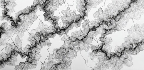 Abstract grayscale drawing. Intertwined, flowing lines create a complex pattern, resembling a topographical map or network of veins
