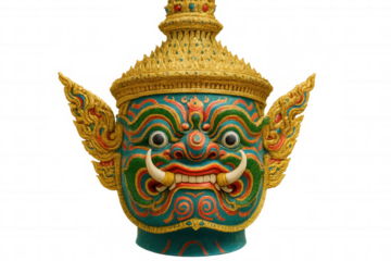 Vibrant golden-crowned tosakan sculpture, mythical ramayana villain with exaggerated facial features, standing against transparent backdrop
