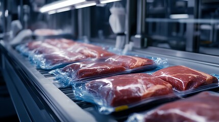 Vacuum Packed Meat Cuts on Conveyor Belt in Food Processing Plant