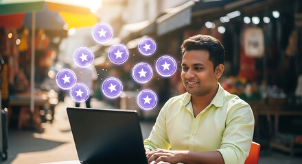 Young indian man working on laptop outdoors with glowing social media icons floating above