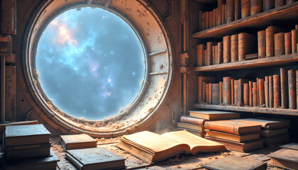 Floating Archive Library in Derelict Spaceship, Ancient Books & Parchment Drifting in Zero Gravity with Cosmic Nebula View Through Circular Window