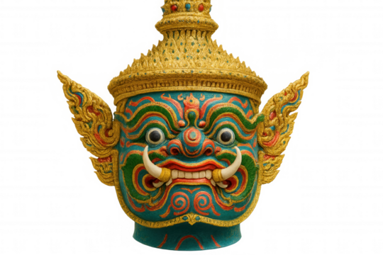 Vibrant golden-crowned tosakan sculpture, mythical ramayana villain with exaggerated facial features, standing against transparent backdrop