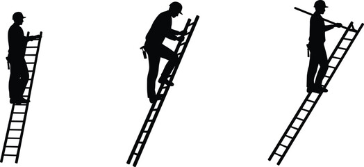 construction worker climbing ladder, silhouette man on ladder, safety helmet worker, repairman on ladder, handyman climbing, worker silhouette isolated, ladder safety illustration © Hazera Creative