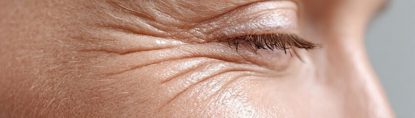 Fototapeta premium Puffy bloating around tissues and look concept. Close-up of a smiling eye with delicate wrinkles and skin texture.