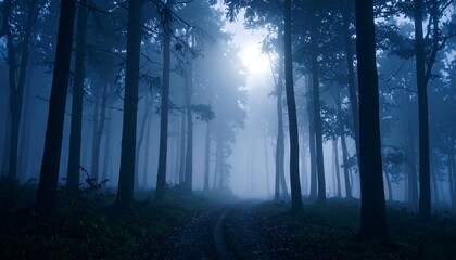 A cinematic journey on a mysterious path winding through a spooky, dark forest at midnight, with moonlight filtering through the fog.