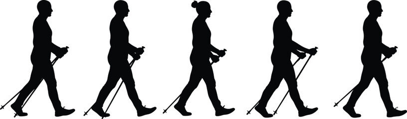 Silhouette sequence of people walking with trekking poles, Nordic walking activity, black vector illustration, healthy outdoor exercise, fitness sports motion design