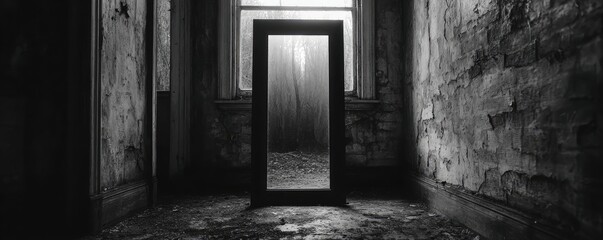 Curse mark near the ghost mirror concept. A haunting black and white mirror reflection in an abandoned room.