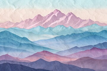 Watercolor Mountain Range Landscape with Pastel Colors and Textured Paper Background for Graphic Design