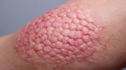 Fototapeta premium Puffy bloating around tissues and look concept. Close-up of skin texture showing bumps and redness.