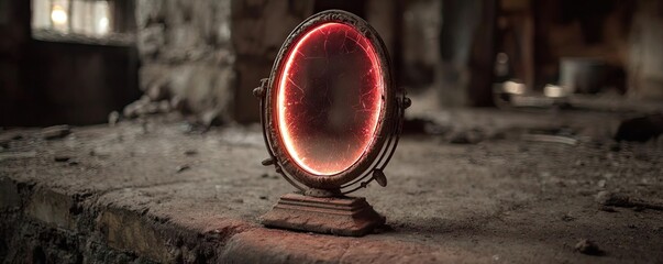 Curse mark near the ghost mirror concept. An ancient mirror reflecting mystical light in an abandoned place.