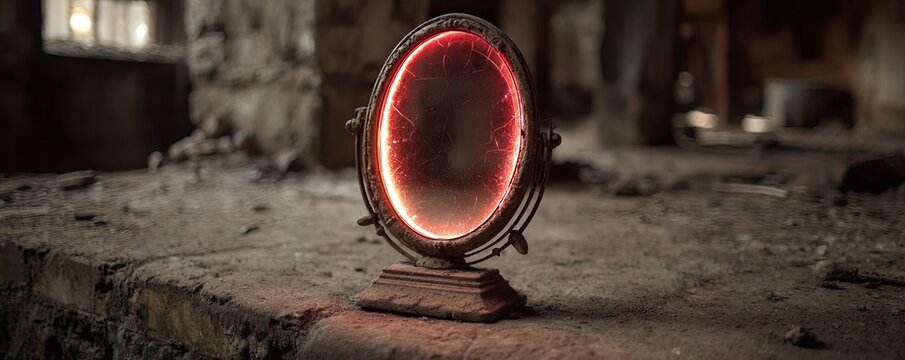 Curse mark near the ghost mirror concept. An ancient mirror reflecting mystical light in an abandoned place. - Powered by Adobe