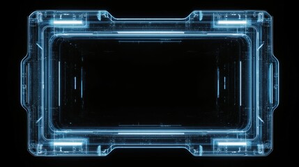 Futuristic transparent digital interface with glowing blue lines on black background, showing a rectangular tunnel