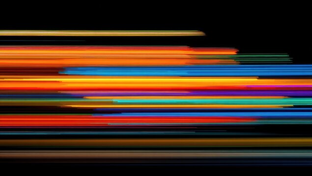 Abstract light streaks in vibrant colors.  Horizontal lines of varying hues blur across a black background, creating a dynamic visual effect - Powered by Adobe