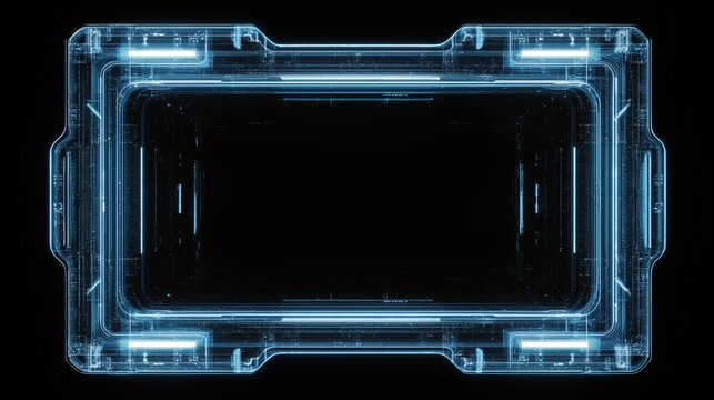Futuristic transparent digital interface with glowing blue lines on black background, showing a rectangular tunnel