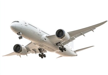 White commercial jet in flight against a plain white background