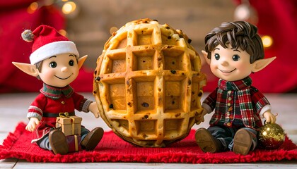 Large, round waffle sits beside two elf figurines.