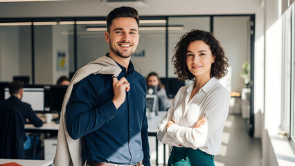 Obraz premium Confident Young Business Professionals Smiling in Modern Office