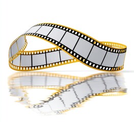 Naklejka premium A twisted film reel, reflecting on a white surface. Empty movie frames are visible