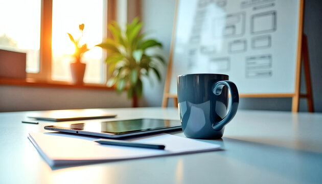 Modern Tech Startup Workspace Sleek Minimalist Desk with High-End Tablet, Stylus, Wireframe Sketches & Coffee Mug – Perfect for Business, Innovation & Creative Branding