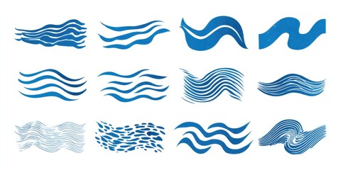 Collection of twelve blue abstract wave designs.  Various styles and textures of wavy lines, from simple to complex