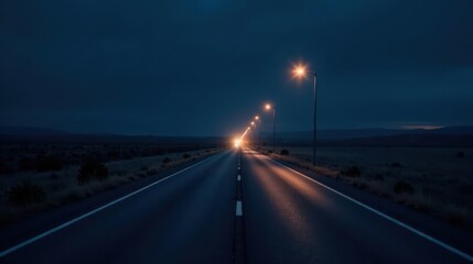 Fototapeta premium Serene Night Drive on a Long, Straight Asphalt Road with Lights Guiding the Way
