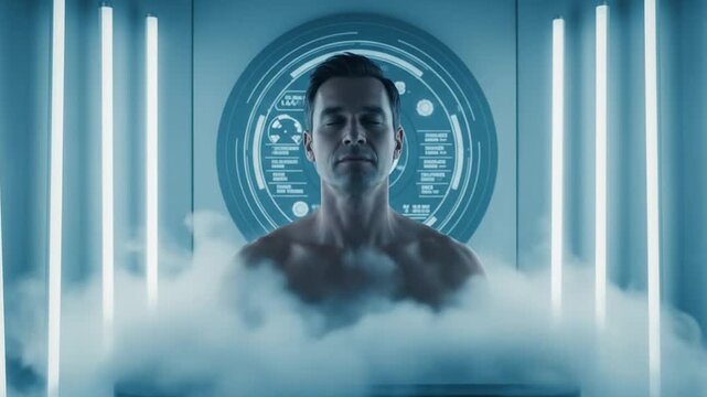 Cryogenic Chamber: Man in Futuristic Cryo-Sleep,  Biometric Monitoring, Sci-Fi Atmosphere