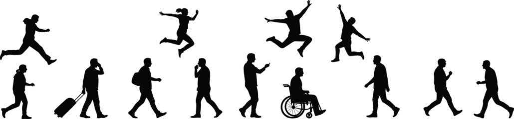 Silhouettes of people walking, running, jumping, talking on phone, traveling, and in wheelchair, active lifestyle, daily activities, modern urban movement