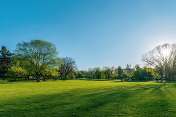 Fototapeta premium Wide Shot Of Lush Green Park Under Bright Sunny Daylight