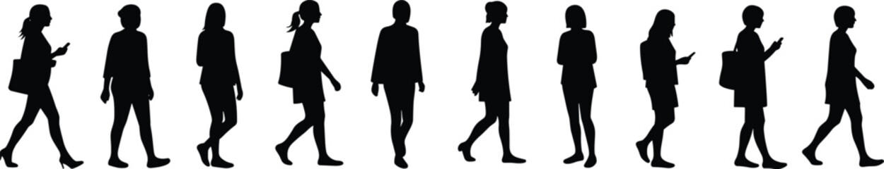 Silhouettes of women walking and standing in various poses, casual clothing, everyday lifestyle, street fashion, side view, business and casual
