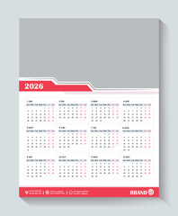 Calendar 2026, calendar 2026 week start Sunday corporate design template vector. wall calendar 2026, 2026 calendar design