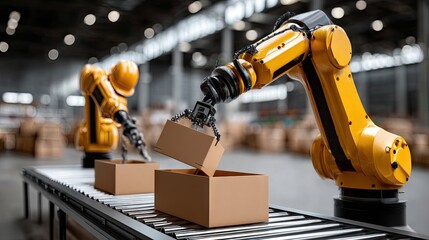 Automated robotic arms handling boxes
