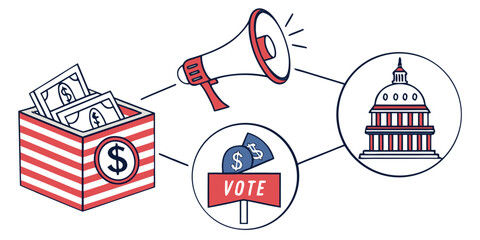 Red white and blue illustration of money box megaphone and capitol building election voting